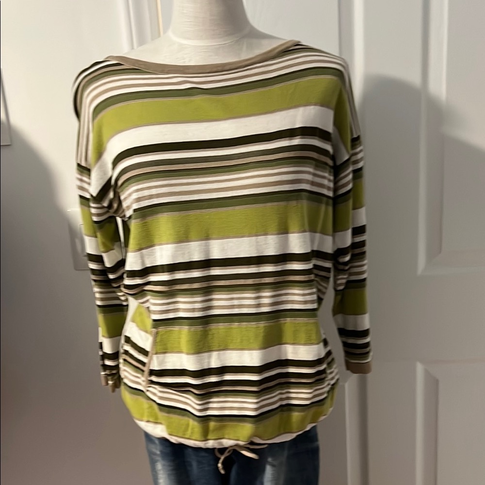 Jones New York Green and Brown Boxy Blouse with Boat Neck